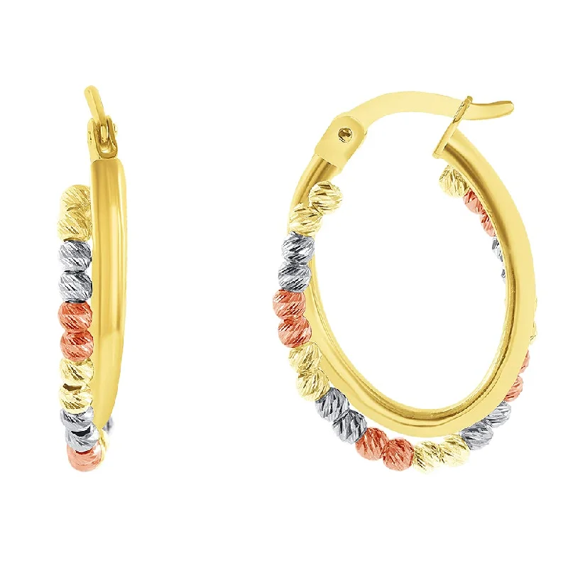 nature-inspired earrings for women-14k Tri-Color Gold Oval Beaded Twist Double Hoop Earrings with Hinged Snap Back