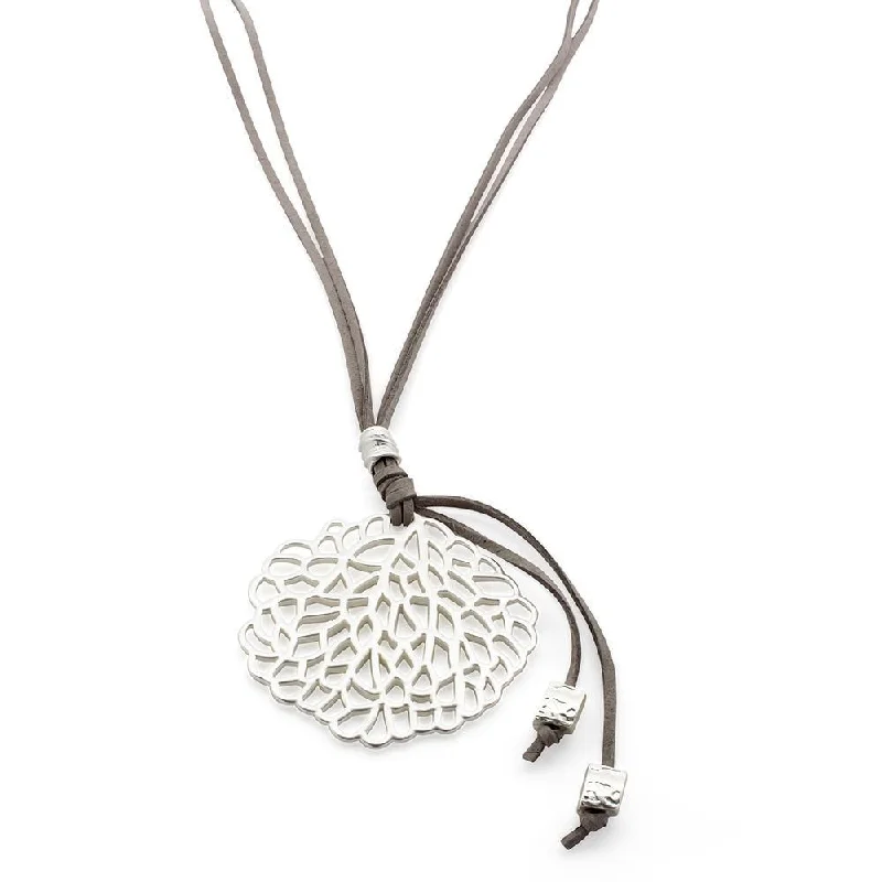 high-end necklaces for women-Long Suede Grey Necklace Openwork Pendant Silver