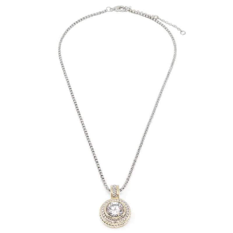 large pendant necklaces for women-Two Tone Round Faceted CZ Pendant Necklace