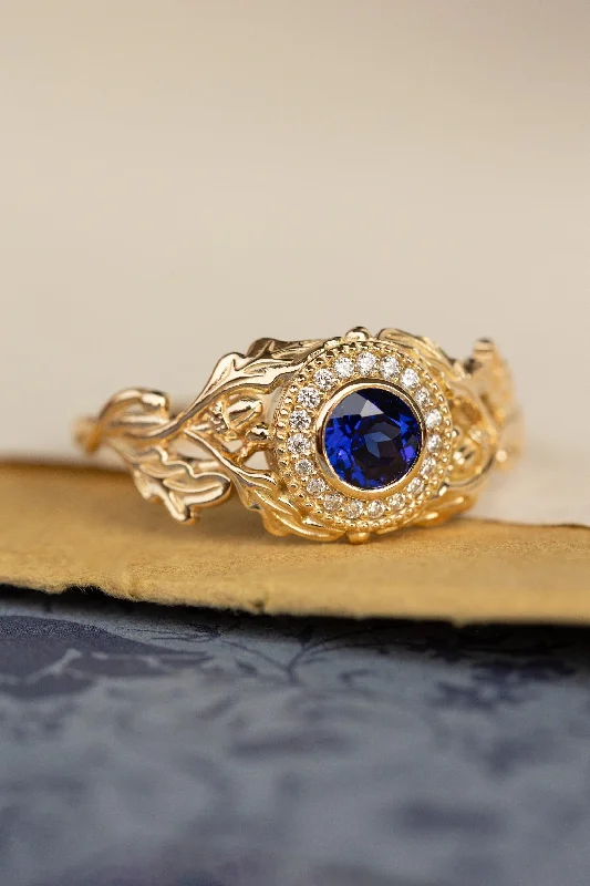 radiant-cut engagement rings for women-Halo diamond and lab blue sapphire engagement ring, celtic ring with oak leaves and diamonds / Dair