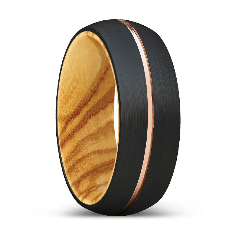 trendy wedding rings for women-WOODS | Olive Wood, Black Tungsten Ring, Rose Gold Groove, Domed