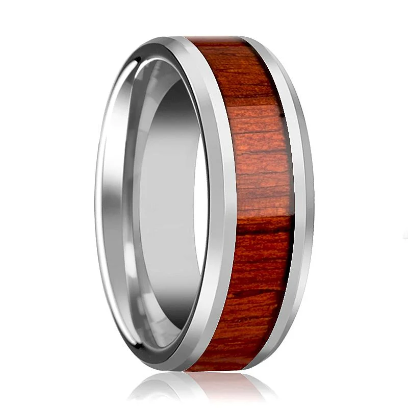 gold-plated rings for women-NARRA | Silver Tungsten Ring, Padauk Wood Inlay, Beveled