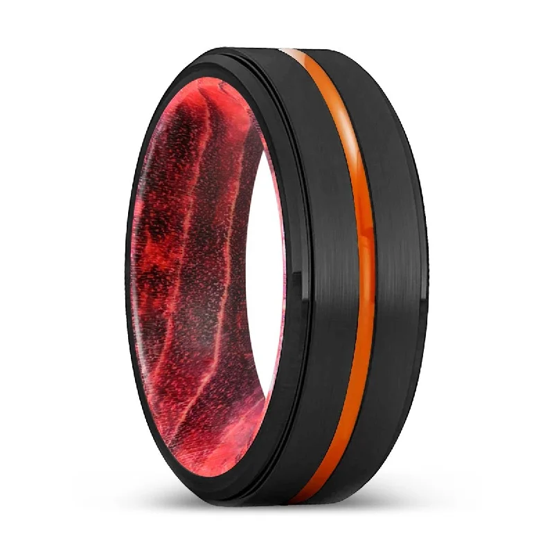 custom rings for women-YONKERS | Black & Red Wood, Black Tungsten Ring, Orange Groove, Stepped Edge