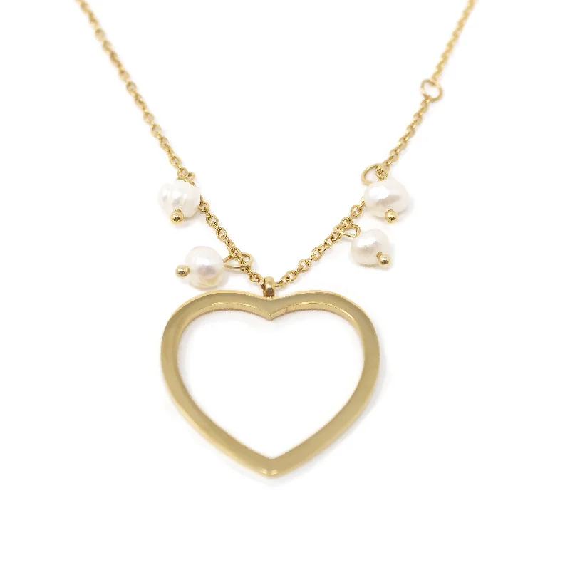 large statement necklaces for women-Stainless Steel Outline Heart with Pearls Gold Plated Necklace