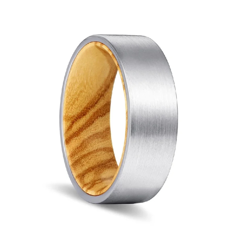 glamorous rings for women-COLLET | Olive Wood, Silver Tungsten Ring, Brushed, Flat