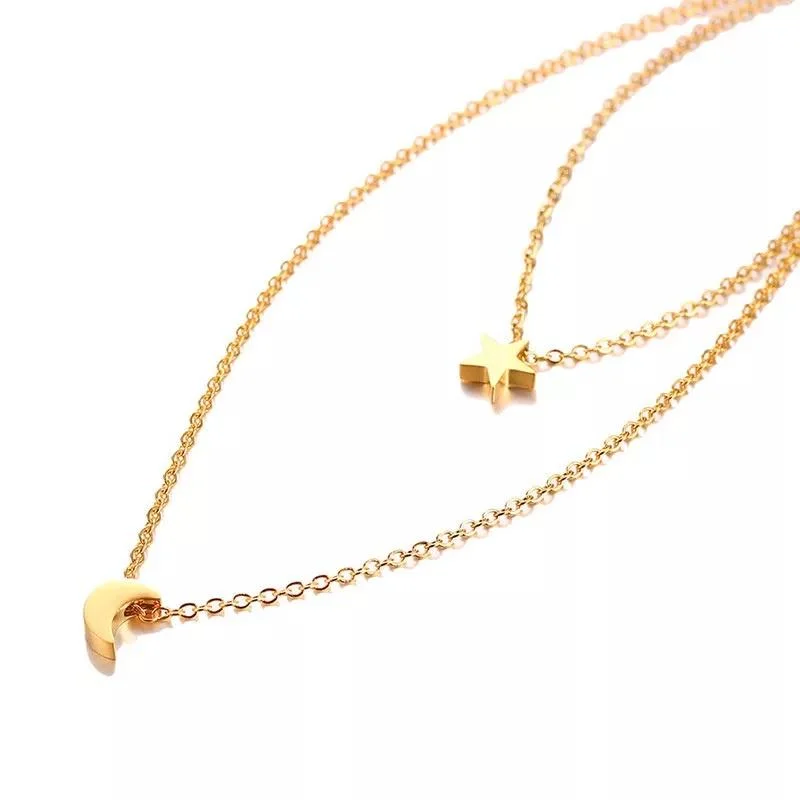 zodiac necklaces for women-Stainless Steel 18IN Moon/Star Layered Necklace Gold Plated