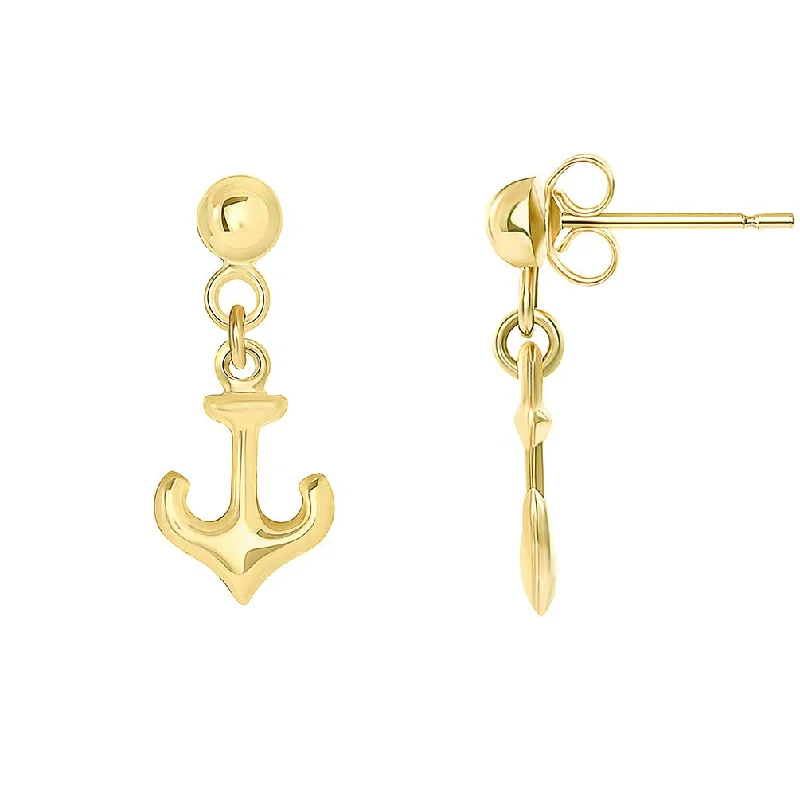 oversized earrings for women-14k Yellow Gold Polished Navy Anchor Dangle Studs Earrings with Friction Back