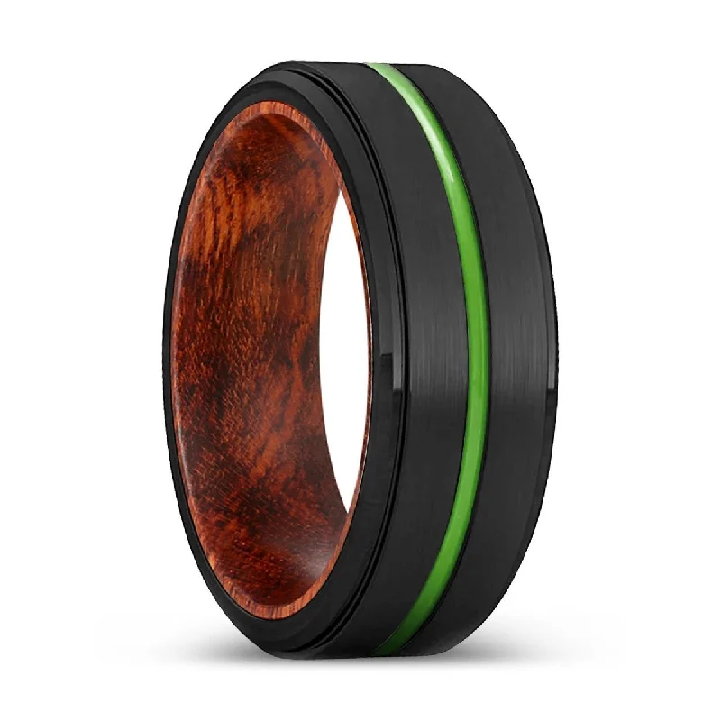 promise rings for women-PATCHES | Snake Wood, Black Tungsten Ring, Green Groove, Stepped Edge