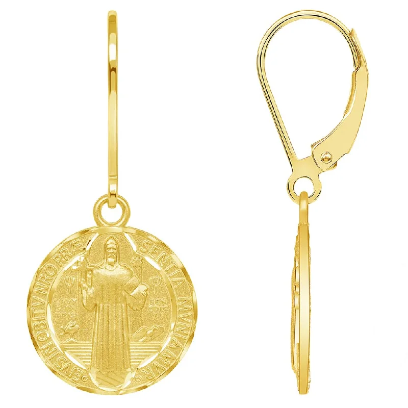 trendy earrings for women-14k Yellow Gold Round Shaped St. Benedict Medallion Dangle Drop Earrings with Lever back (Reversible)