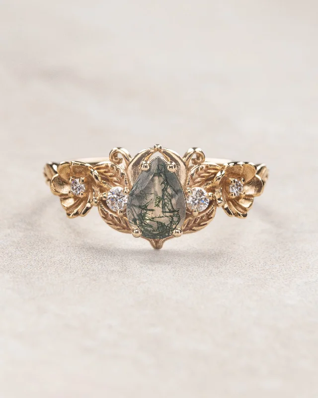 solitaire engagement rings for women-Moss agate and diamonds floral engagement ring / Adelina