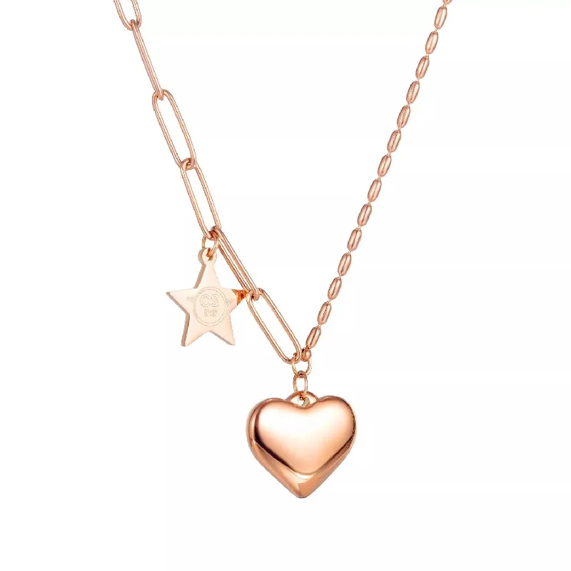 crystal pendant necklaces for women-Stainless Steel 16In Link Chain Necklace With Heart Pendant Rose Gold Plated