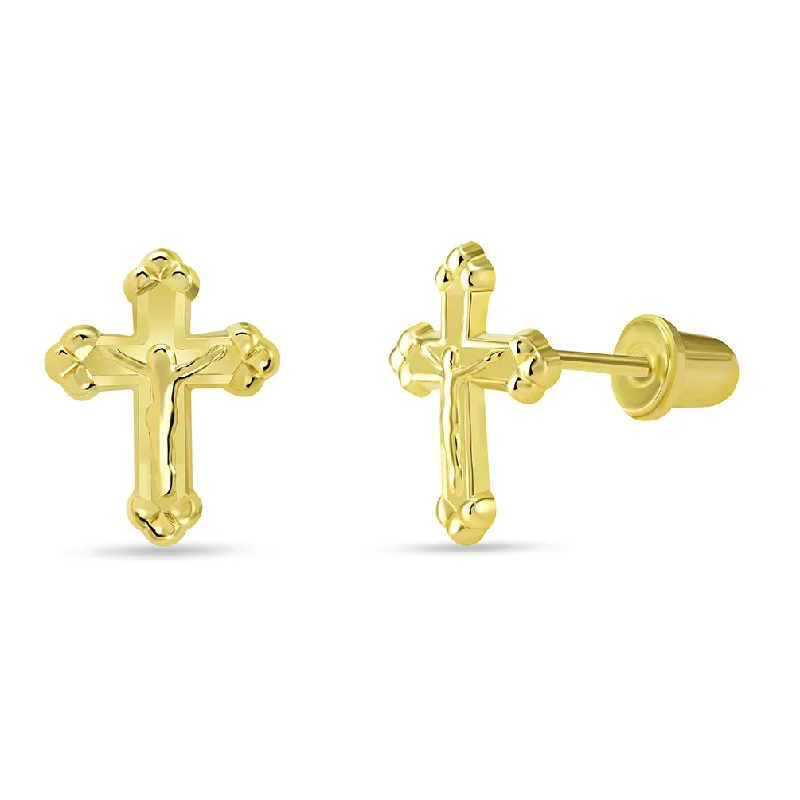 affordable diamond earrings for women-14k Yellow Gold Christian Cross Jesus Crucifix Stud Earrings with Screw Back