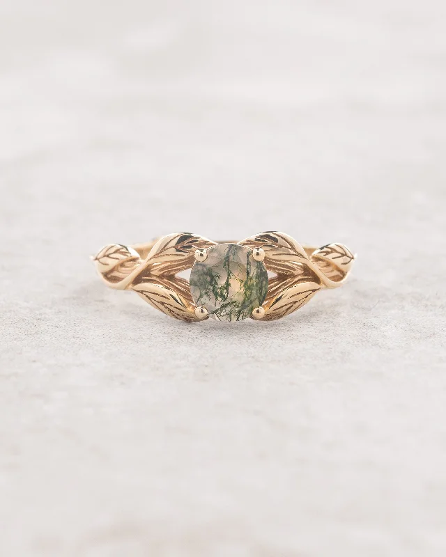 stylish engagement rings for women-Round moss agate leaf engagement ring / Clematis