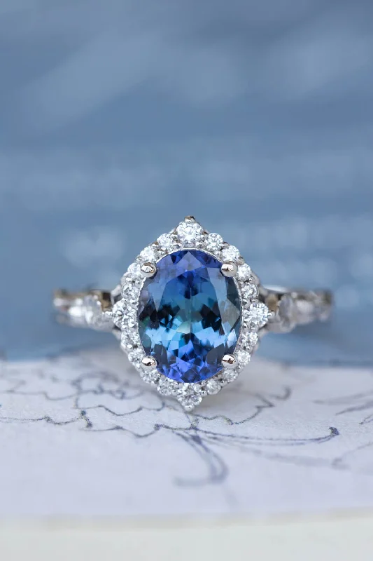 modern solitaire engagement rings for women-Bi-colour tanzanite engagement ring, nature inspired white gold ring with diamond halo / Florentina