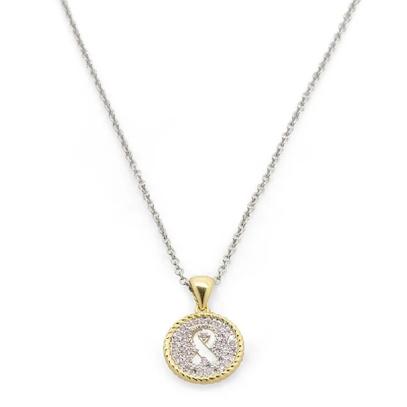 pendant necklaces with diamonds for women-Pink Ribbon CZ Pendant Necklace Two Tone