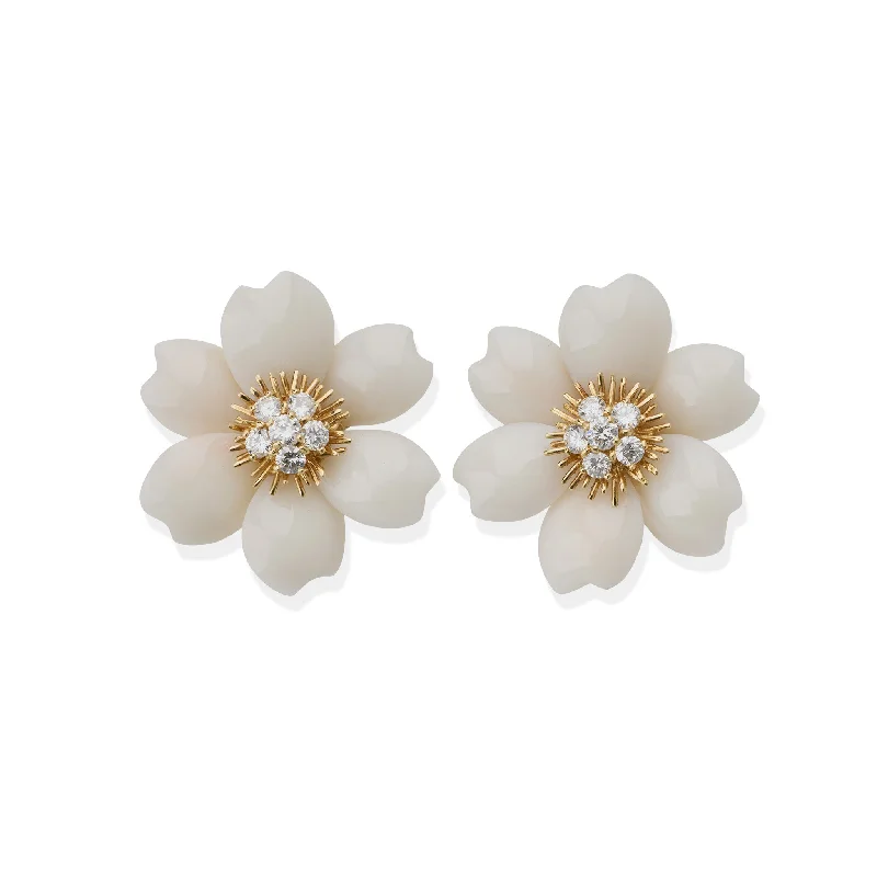 chic dangling earrings for women-Van Cleef & Arpels "Rose de Noël" White Coral Clip Earrings