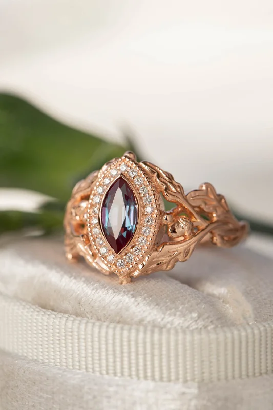 antique engagement rings for women-Diamond halo and marquise alexandrite engagement ring, rose gold oak leaf engagement ring / Dair