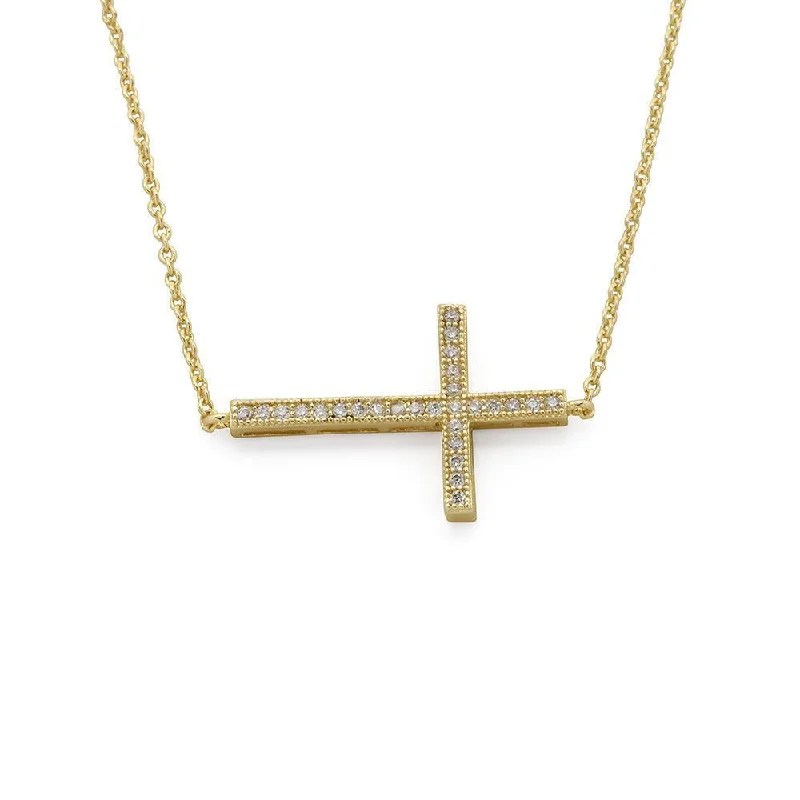 affordable necklaces for women-CZ Pave Horizontal Cross Necklace Gold Tone