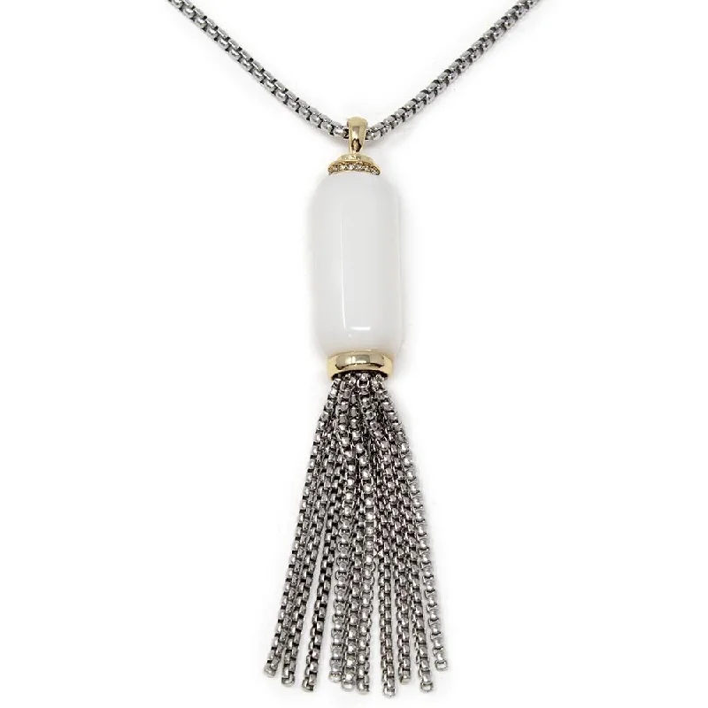 sophisticated necklaces for women-Two Tone GemStone Chain Tassel Pendant Necklace White