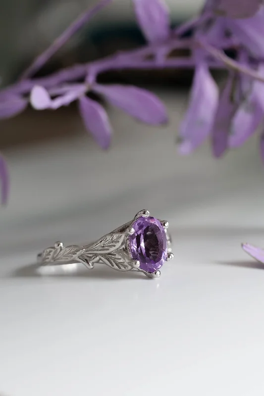 custom-cut engagement rings for women-Amethyst engagement ring white gold, engagement rings with leaves / Freesia