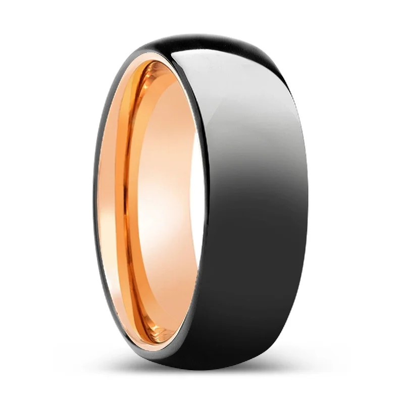 personalized gold rings for women-MELODIC | Rose Gold Ring, Black Tungsten Ring, Shiny, Domed Tungsten