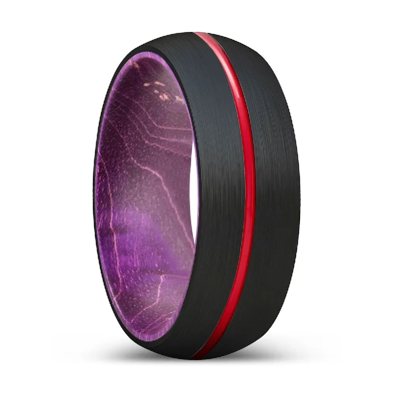 halo rings for women-RAGE | Purple Wood, Black Tungsten Ring, Red Groove, Domed