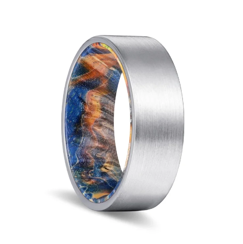 bridal jewelry rings for women-FISHER | Blue & Yellow/Orange Wood, Silver Tungsten Ring, Brushed, Flat