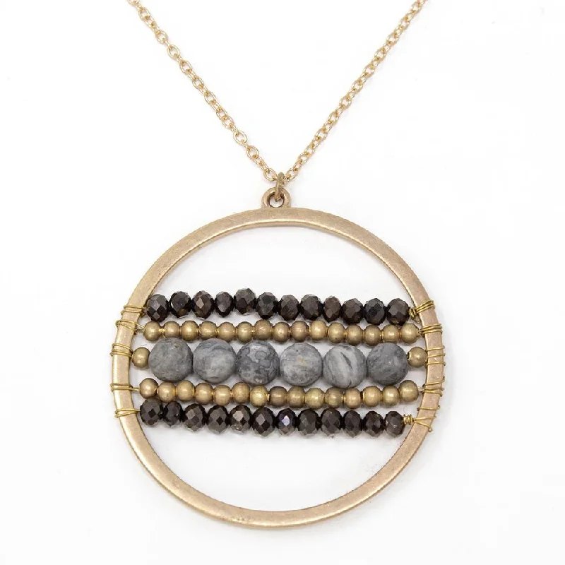 long pendant necklaces for women-Beaded Open Circle Long Necklace Gold Black