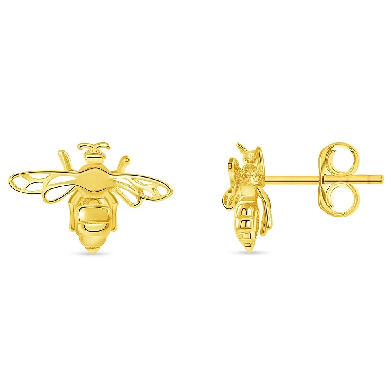 beautiful earrings for women-Solid 14k Yellow Gold 3D Bumblebee Bee Stud Earrings with Friction Push Back