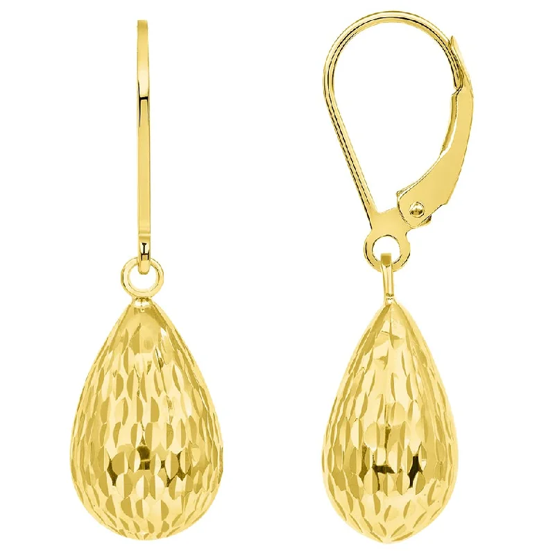 crystal earrings for women-14k Yellow Gold Textured Pear-Shaped Teardrop Dangle Drop Earrings, 9.5mm