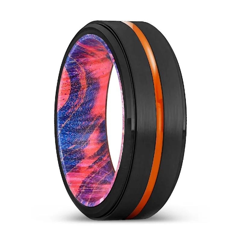 silver wedding rings for women-OVERLAND | Blue & Red Wood, Black Tungsten Ring, Orange Groove, Stepped Edge