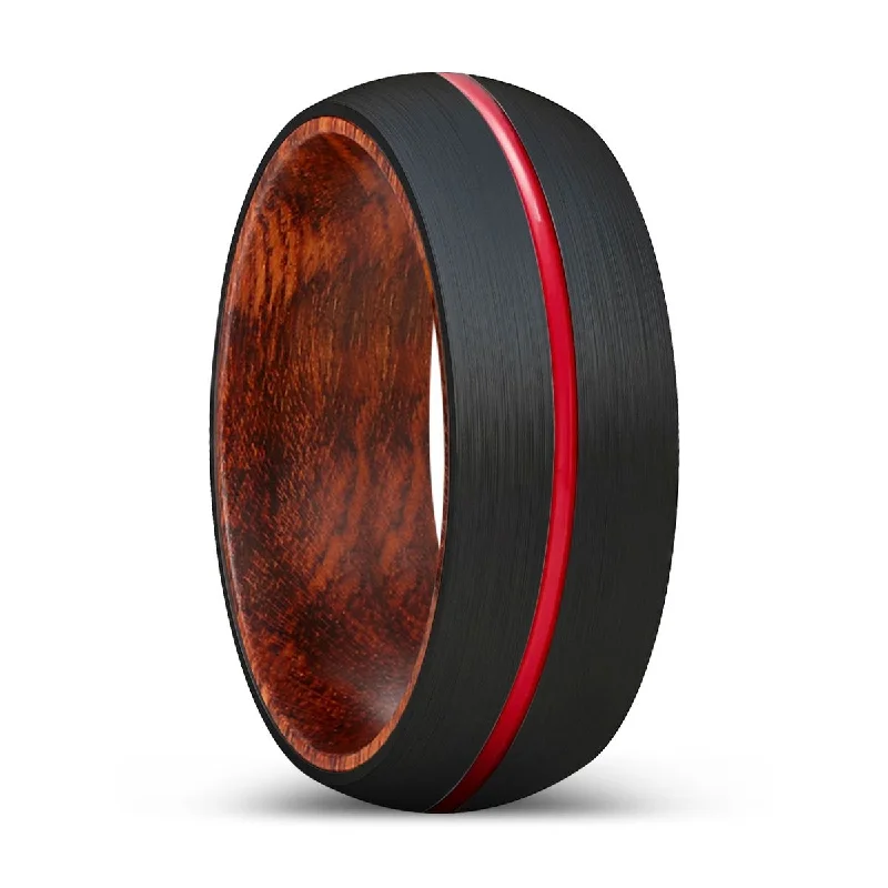 emerald rings for women-WIGGLES | Snake Wood, Black Tungsten Ring, Red Groove, Domed