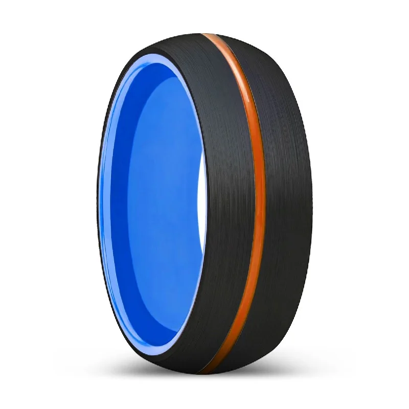 modern engagement rings for women-NOMAD | Blue Ring, Black Tungsten Ring, Orange Groove, Domed