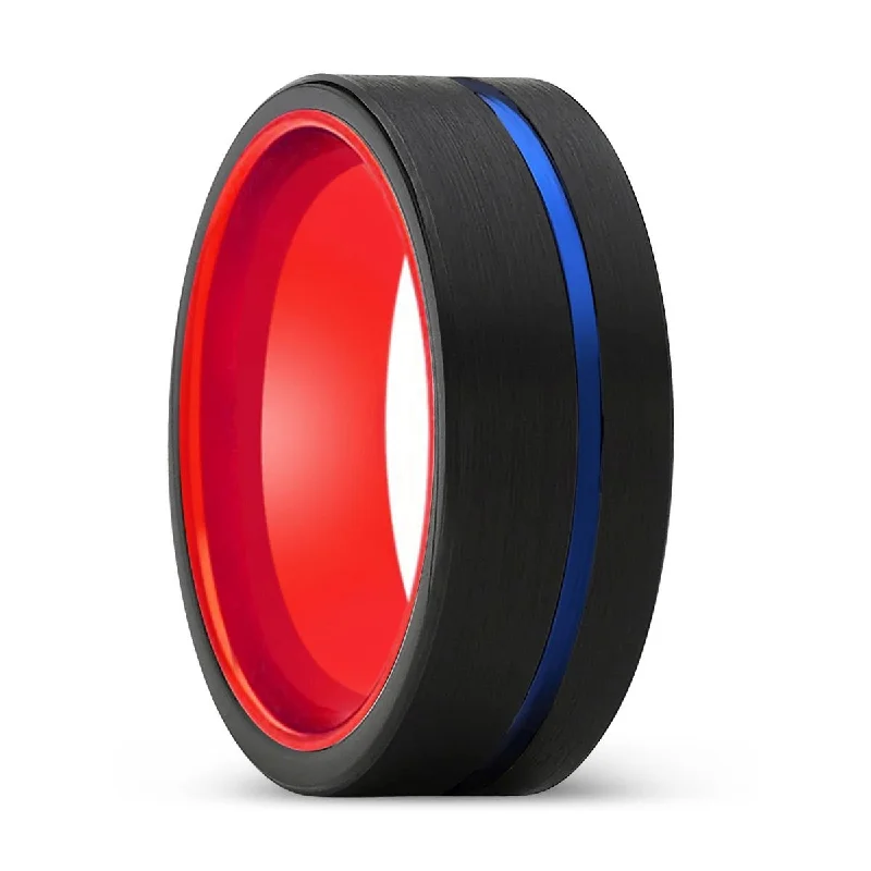 ruby rings for women-MALDITO | Red Ring, Black Tungsten Ring, Blue Offset Groove, Flat