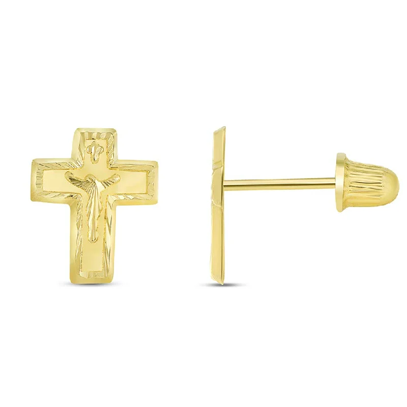 gold hoop earrings for women-14k Yellow Gold Textured Christian Cross Crucifix Stud Earrings with Screw Back