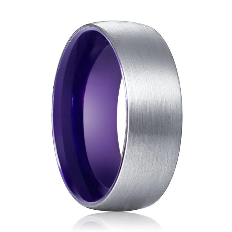 chunky rings for women-WISTERIA | Purple Ring, Silver Tungsten Ring, Brushed, Domed