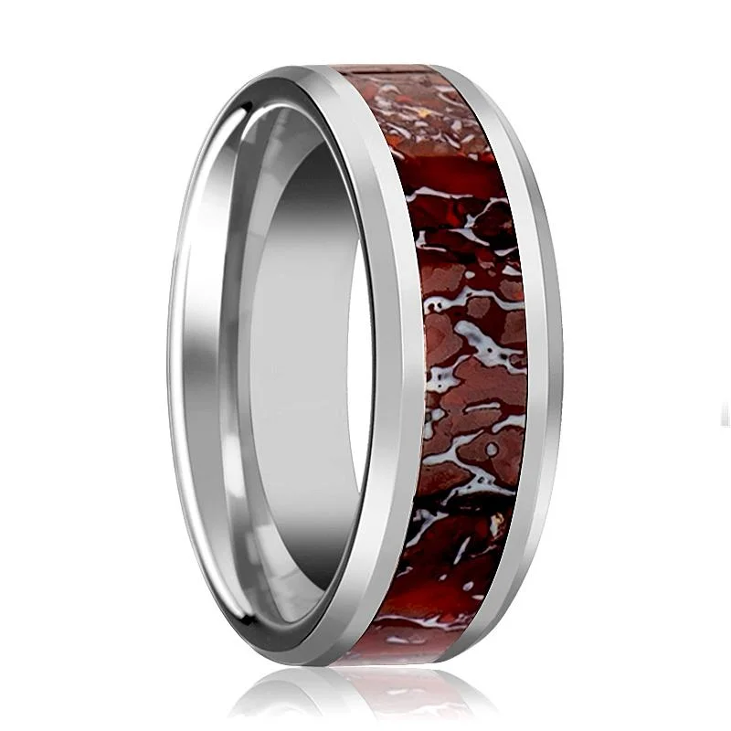 unique wedding rings for women-JURASSIC | Silver Tungsten Ring, Red Dinosaur Bone Inlay, Beveled