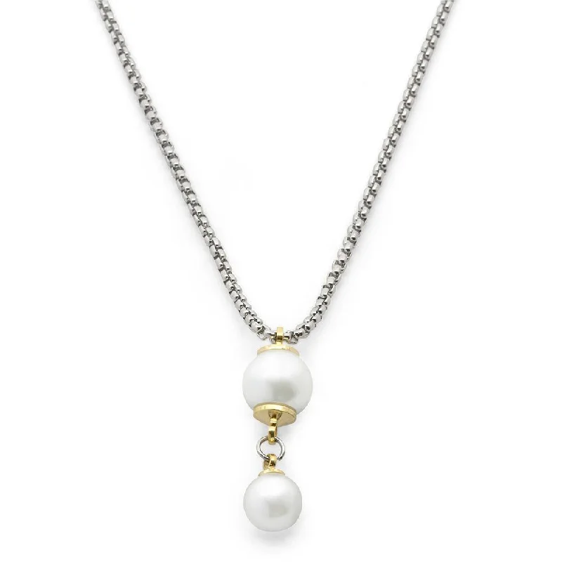 layered gold necklaces for women-Two Tone Lariat Necklace Two Pearls