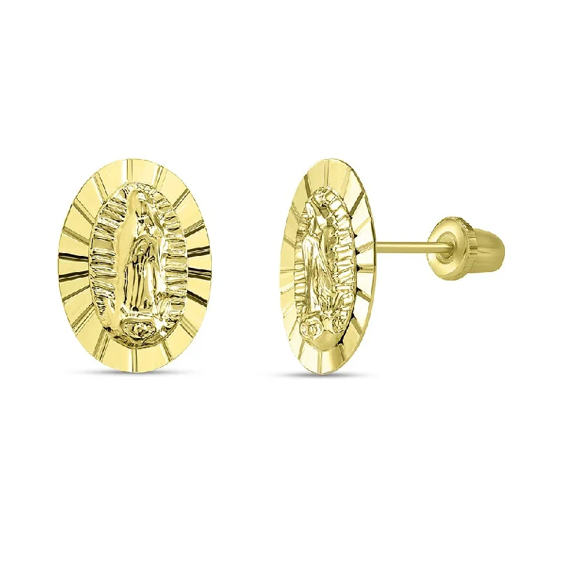 hand-crafted earrings for women-14k Yellow Gold Textured Oval Our Lady Of Guadalupe Stud Earrings with Screw Back