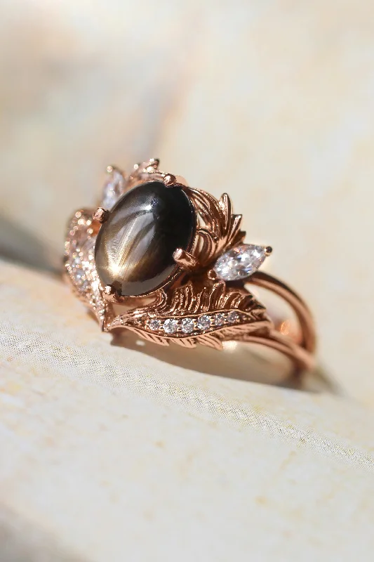 custom engagement rings with diamonds for women-Black star sapphire engagement ring with diamonds / Adonis