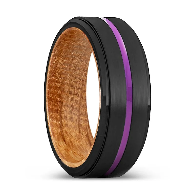 rose gold rings for women-SINGLETON | Whiskey Barrel Wood, Black Tungsten Ring, Purple Groove, Stepped Edge