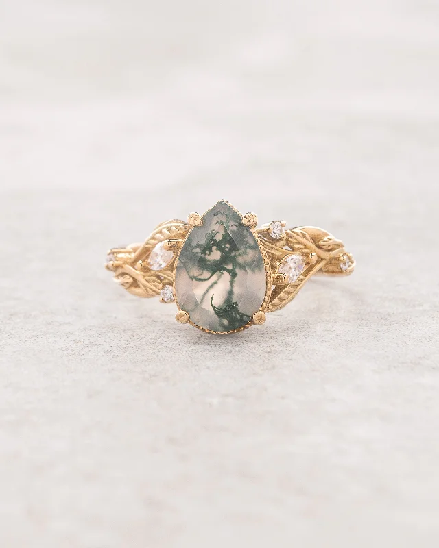 minimalist engagement rings for women-Big moss agate engagement ring, gold branch proposal ring with accent diamonds / Patricia