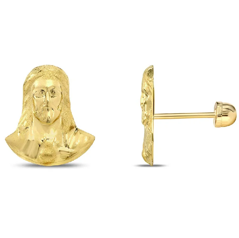 long earrings for women-14k Yellow Gold Face of Jesus Christ Sacred Heart Stud Earrings with Screw Back