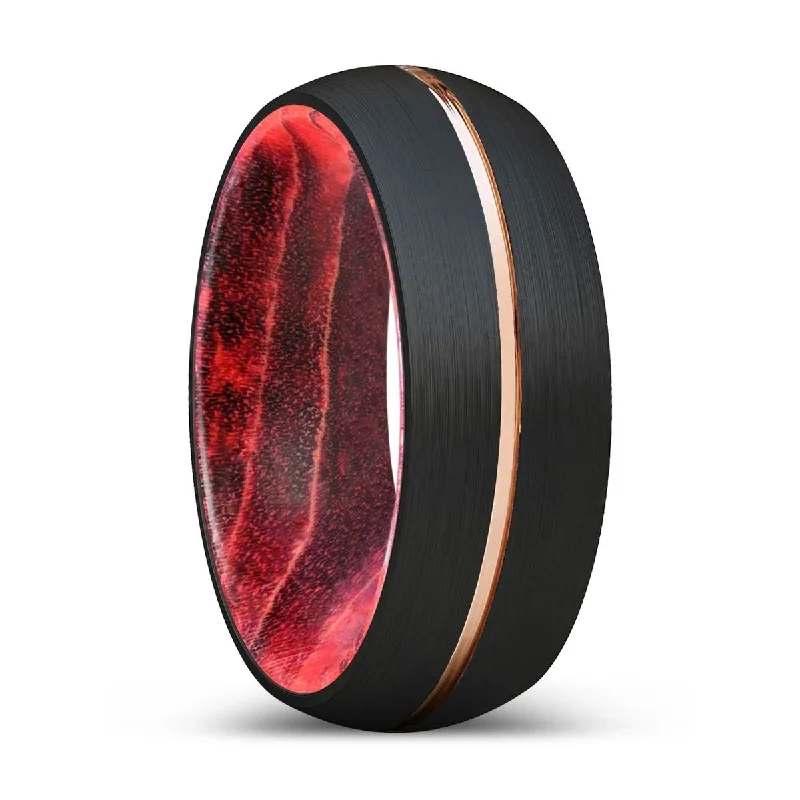 elegant promise rings for women-COCIA | Black & Red Wood, Black Tungsten Ring, Rose Gold Groove, Domed