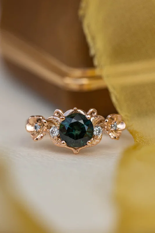 vintage-inspired engagement rings for women-1 carat teal sapphire engagement ring, floral ring with diamonds / Adelina