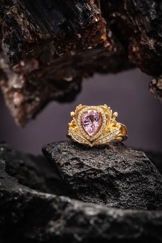 heirloom engagement rings for women-Pear pink sapphire engagement ring, gold nature inspired ring with diamond halo / Adonis halo