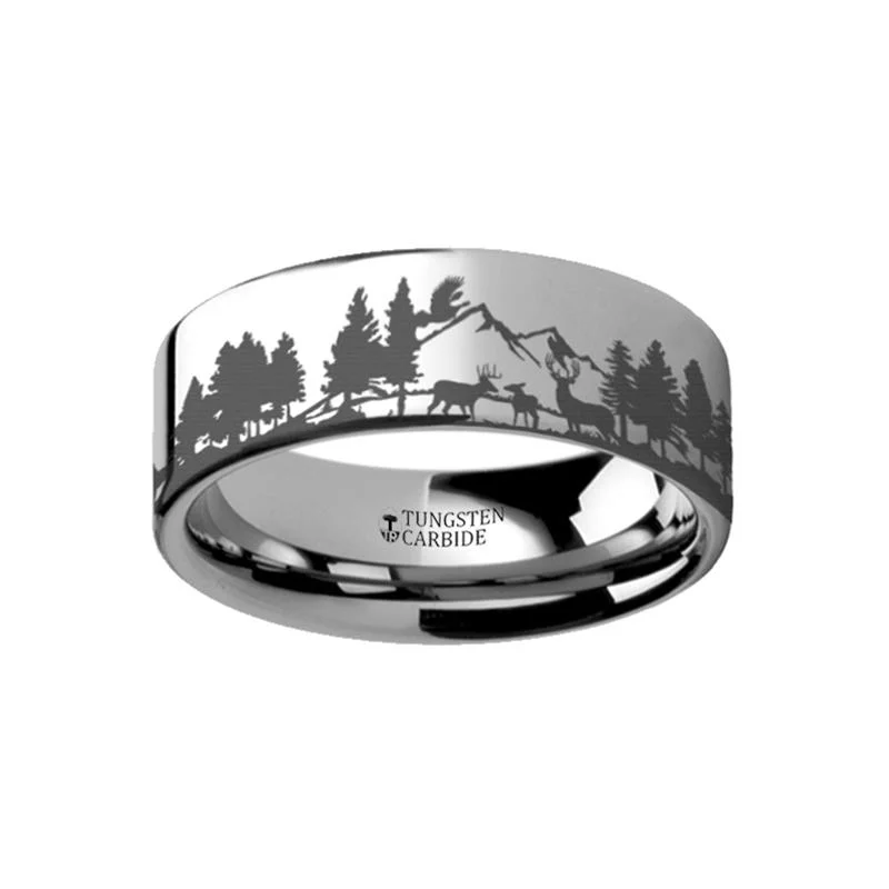 pearl rings for women-Animal Landscape Scene Reindeer Deer Stag Mountain Range Ring Engraved Flat Tungsten Ring - 4mm - 12mm