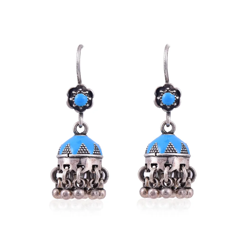 stylish gold earrings for women-Silver Mountain Sterling Silver blue enamel small jhumka earring