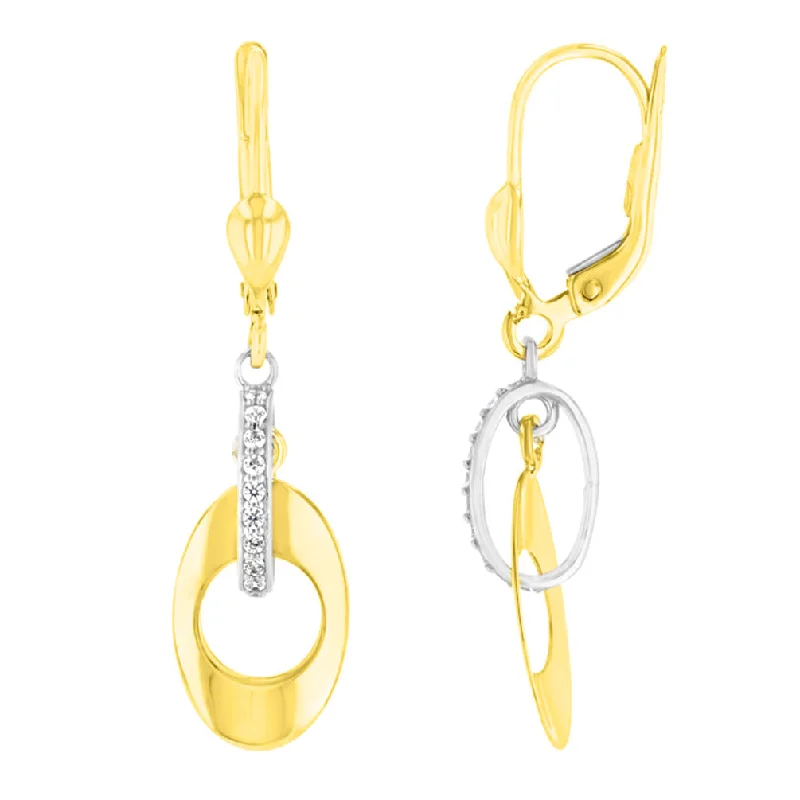 diamond earrings for women-14K Yellow Gold and White Gold CZ Studded Double Oval Drop Dangle Earrings