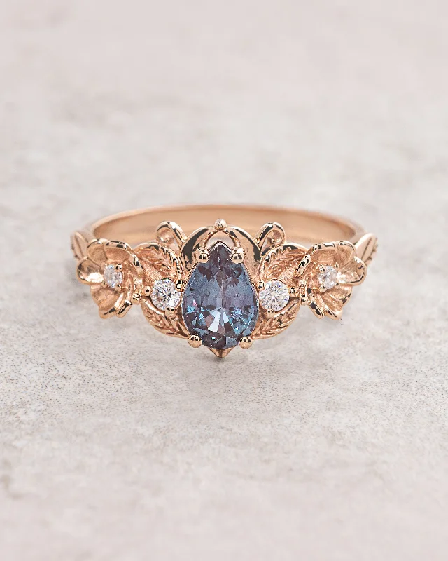 sapphire engagement rings for women-Engagement ring with pear cut alexandrite in rose gold / Adelina